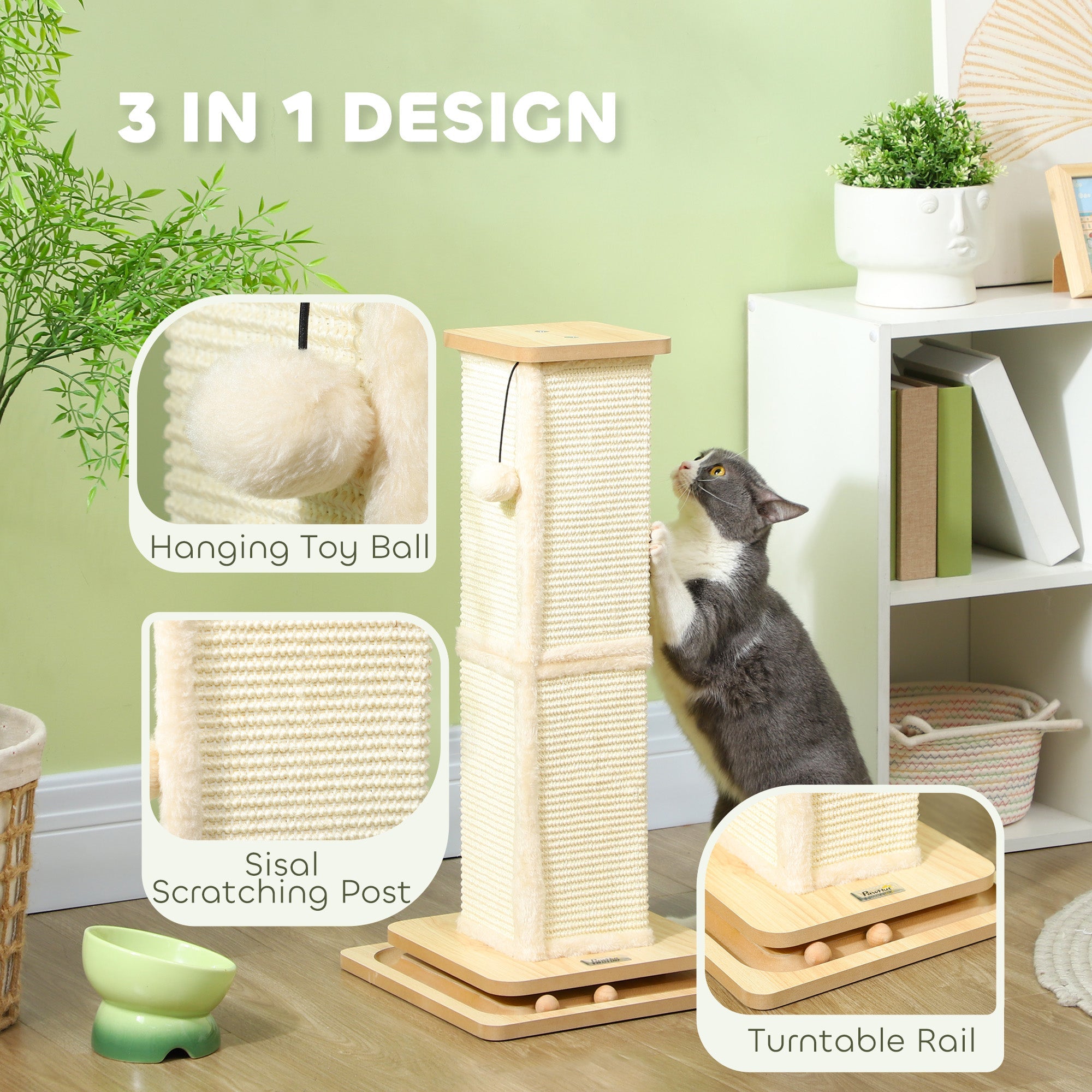 3-in-1 Cat Scratching Post, 67cm Cat Scratcher w/ Track Ball Toy, Oak Tone-3