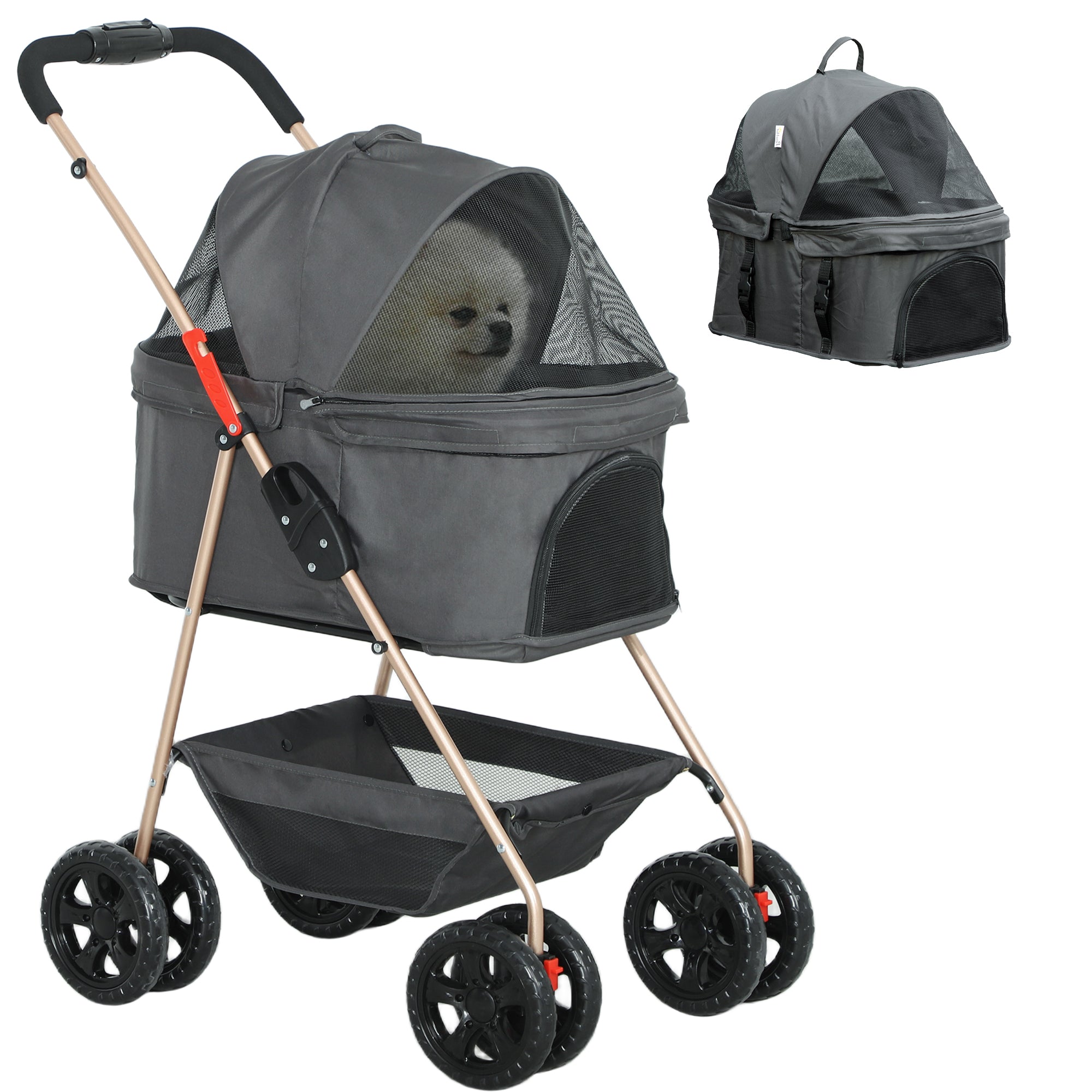 3 in 1 Pet Stroller, Folding 4 Wheels Dog Pram with Detachable Carrier for Mini Dogs Cats, Grey-0