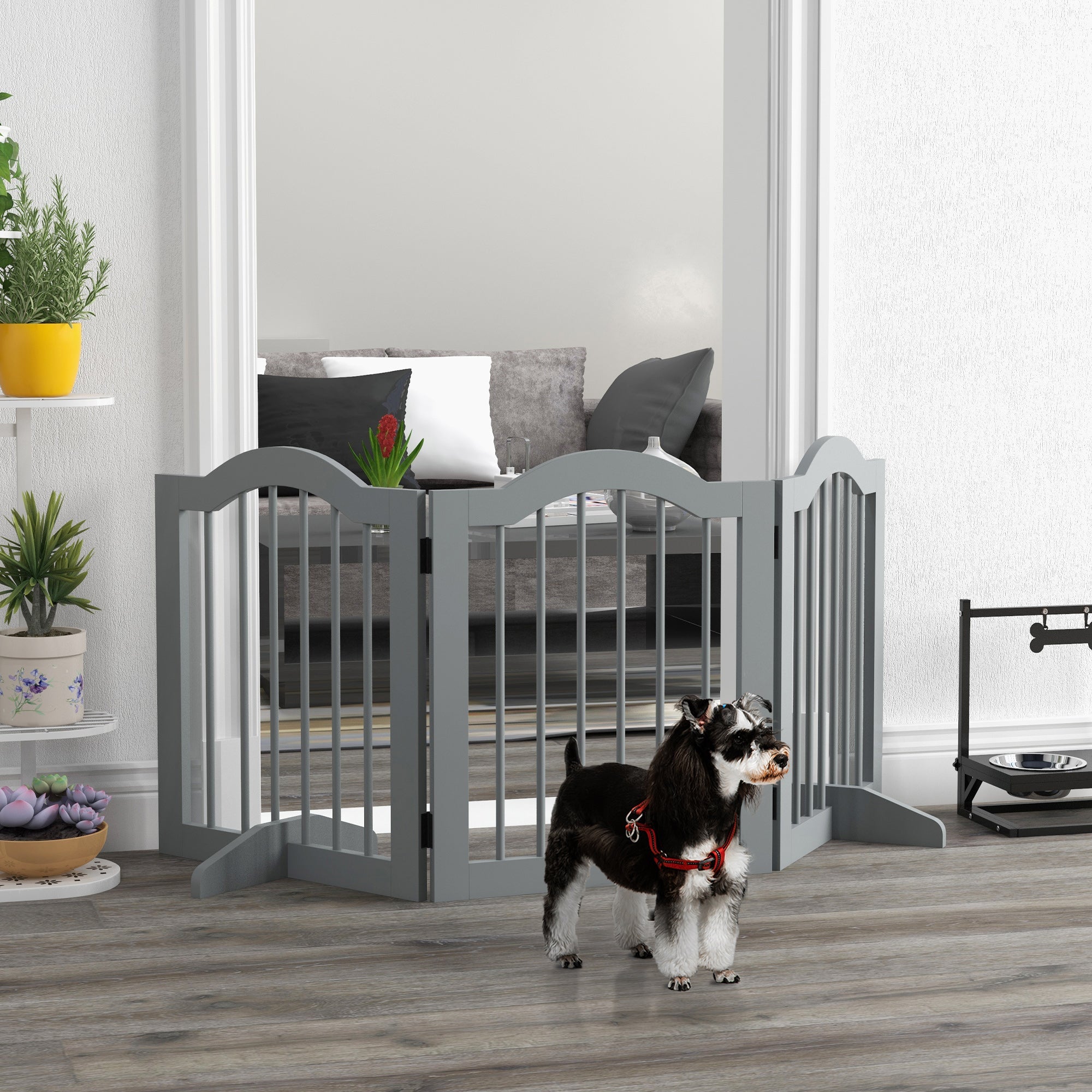3 Panels Dog Gate w/ Support Feet Fence Safety Barrier Freestanding Wood Light Grey-1
