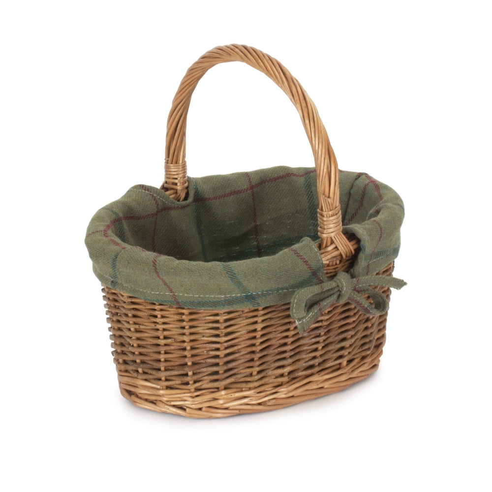Green Tweed Lined Country Oval Wicker Shopping Basket-3