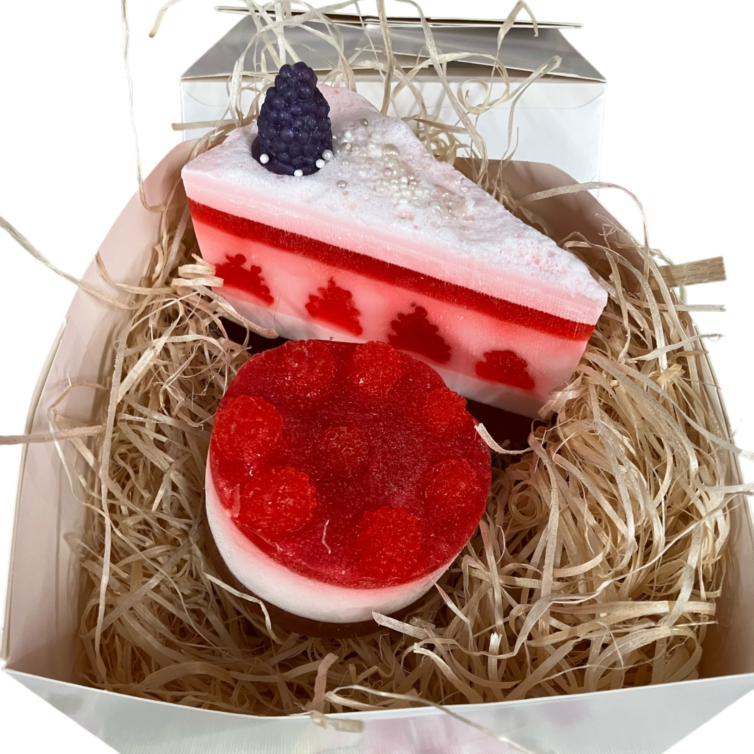 Bakery Cake Soap Gift Set in Fruit Berry Fragrance: Raspberry Cheesecake and Berry Cake Slice in a Bakery Box-1