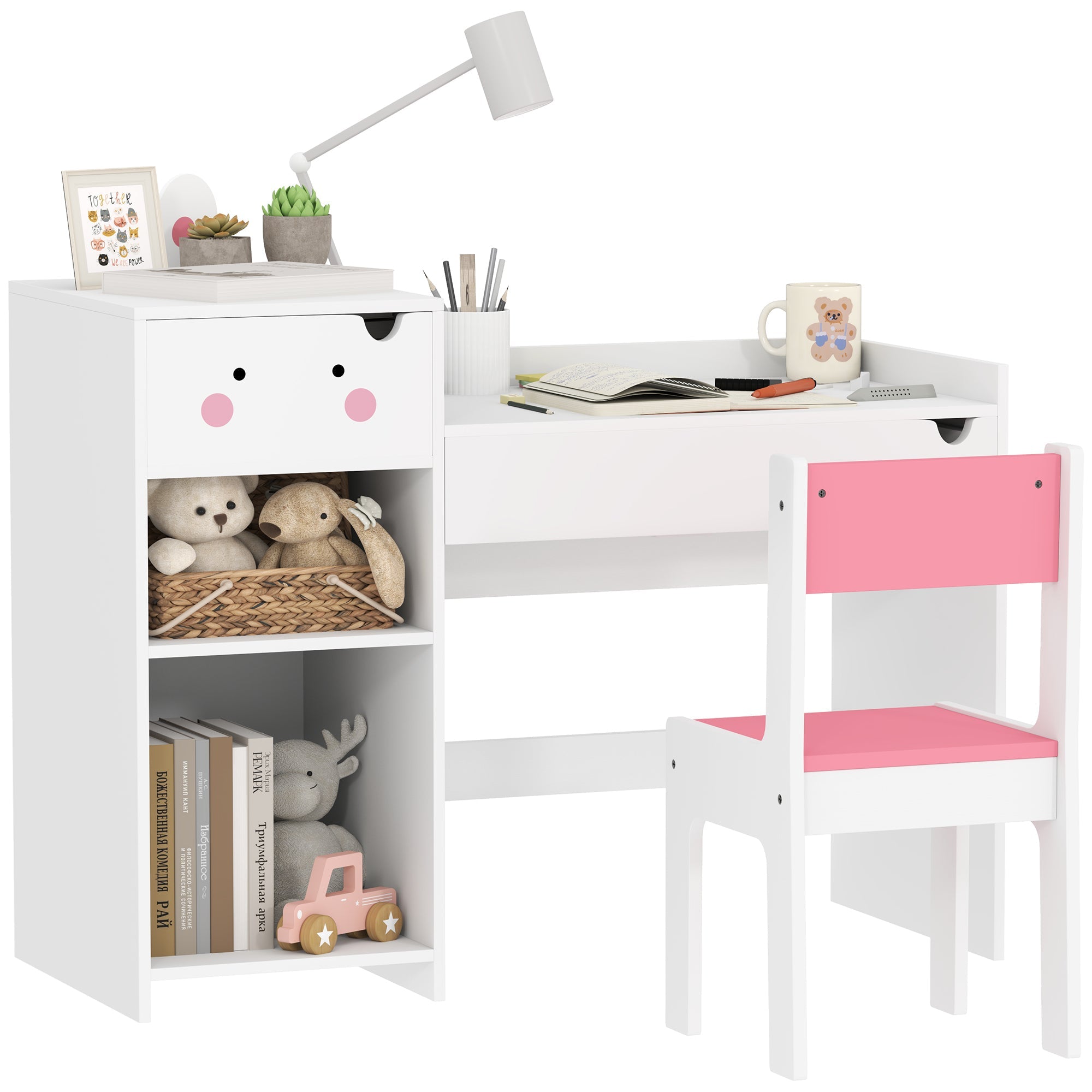 2 Piece Rabbit Themed Kids Desk and Chair Set with Storage White-0