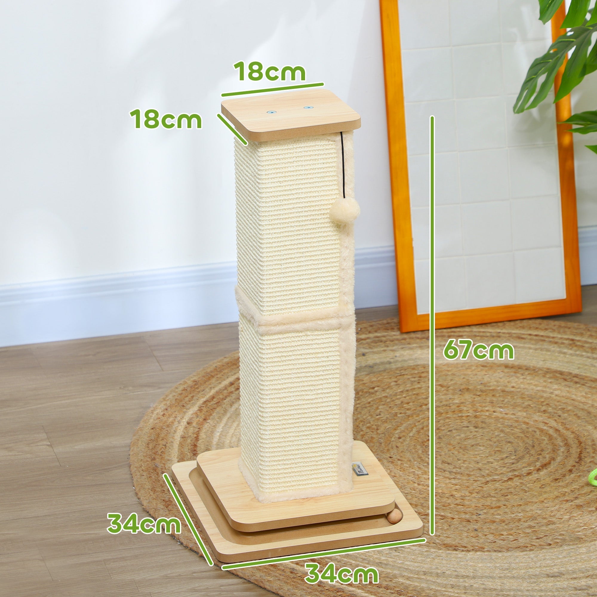 3-in-1 Cat Scratching Post, 67cm Cat Scratcher w/ Track Ball Toy, Oak Tone-2