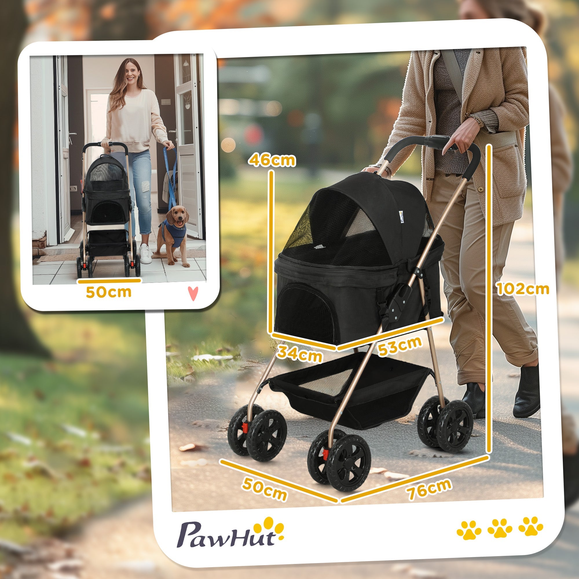 3 in 1 Pet Stroller, Folding 4 Wheels Dog Pram with Detachable Carrier for Mini Dogs Cats, Black-2