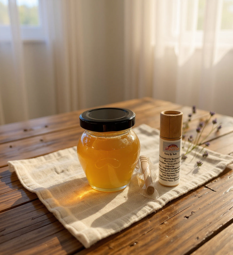 Pure Honey, Wooden Twizzle and Handmade Beeswax Lip Balm in a Natural Gift Bag-0