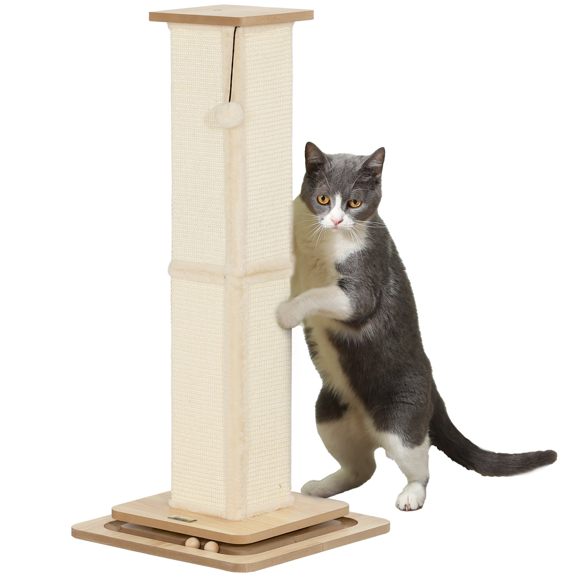 3-in-1 Cat Scratching Post, 87cm Cat Scratcher w/ Track Ball Toy, Oak Tone-0