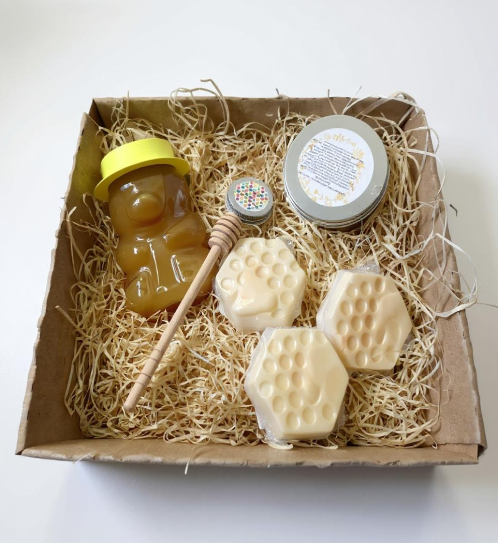 Handmade Large Honey Bee Gift Set with Raw Unpasteurised Honey, Drizzle, Essential Oil Balm and Honey and Shea SLS Free Soaps-0