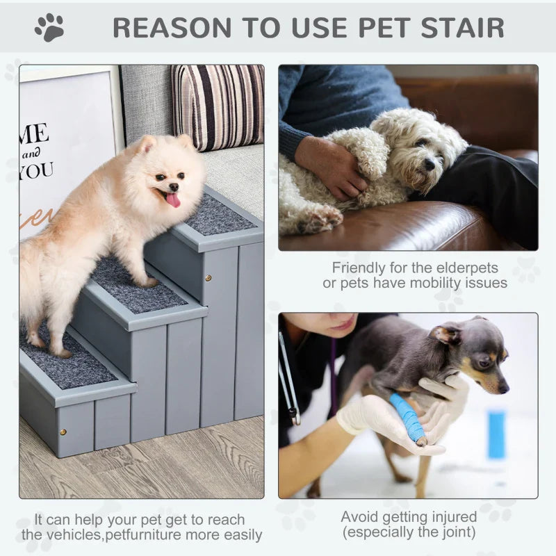 3 Step Wooden Pet Stairs Steps Dog Stairs Carpet Non Slip Grey-3