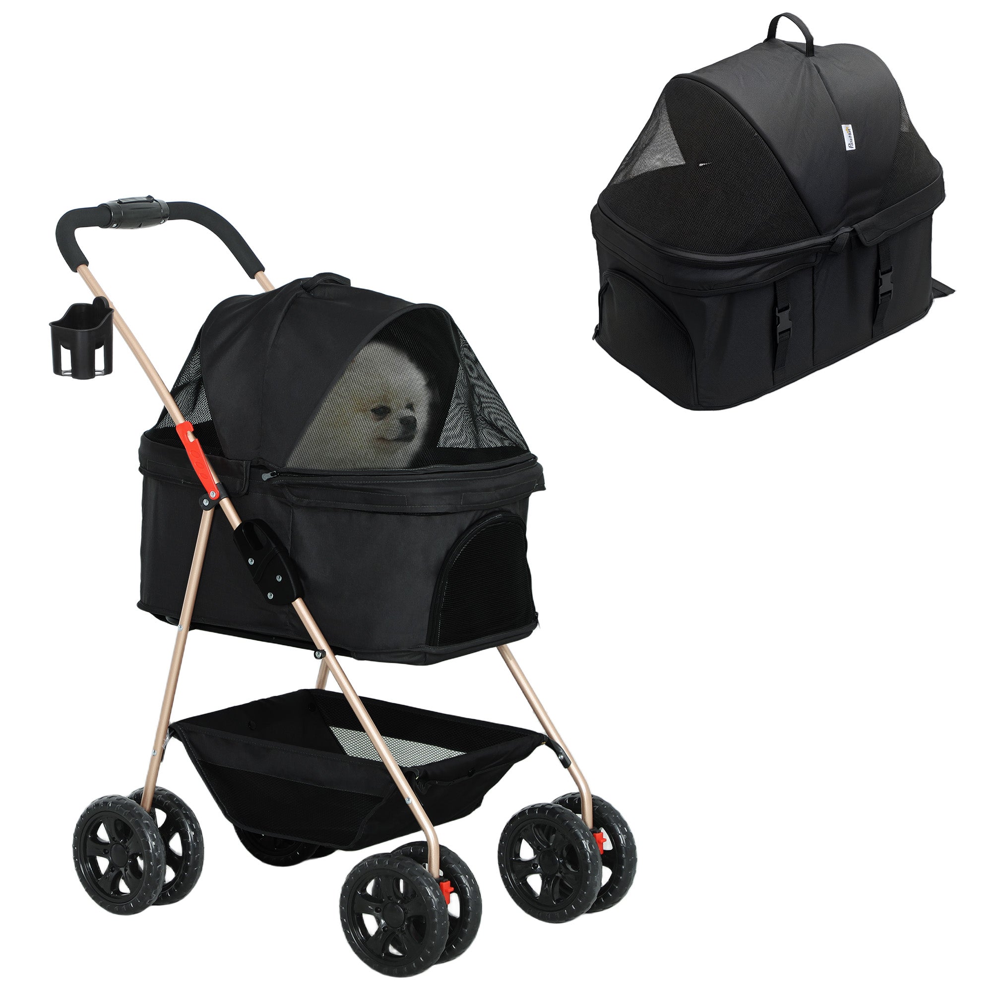 3 in 1 Pet Stroller, Folding 4 Wheels Dog Pram with Detachable Carrier for Mini Dogs Cats, Black-0