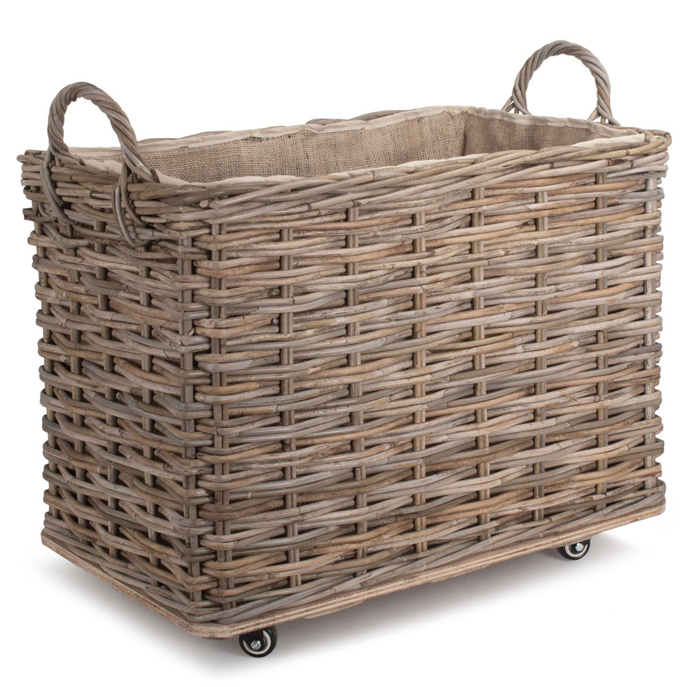 Wheeled Hessian Lined Rattan Log Basket-0