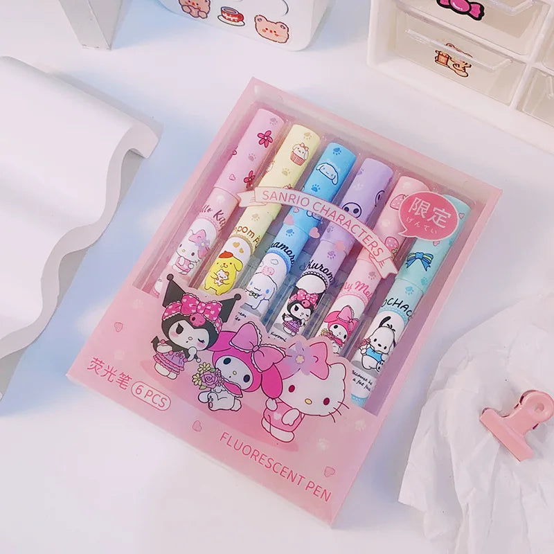 6Pcs Sanrio Hello Kitty Highlighter Pen Set Kawaii Kuromi Melody Cinnamoroll Art Fluorescent Markers Pens School Office Statione-5