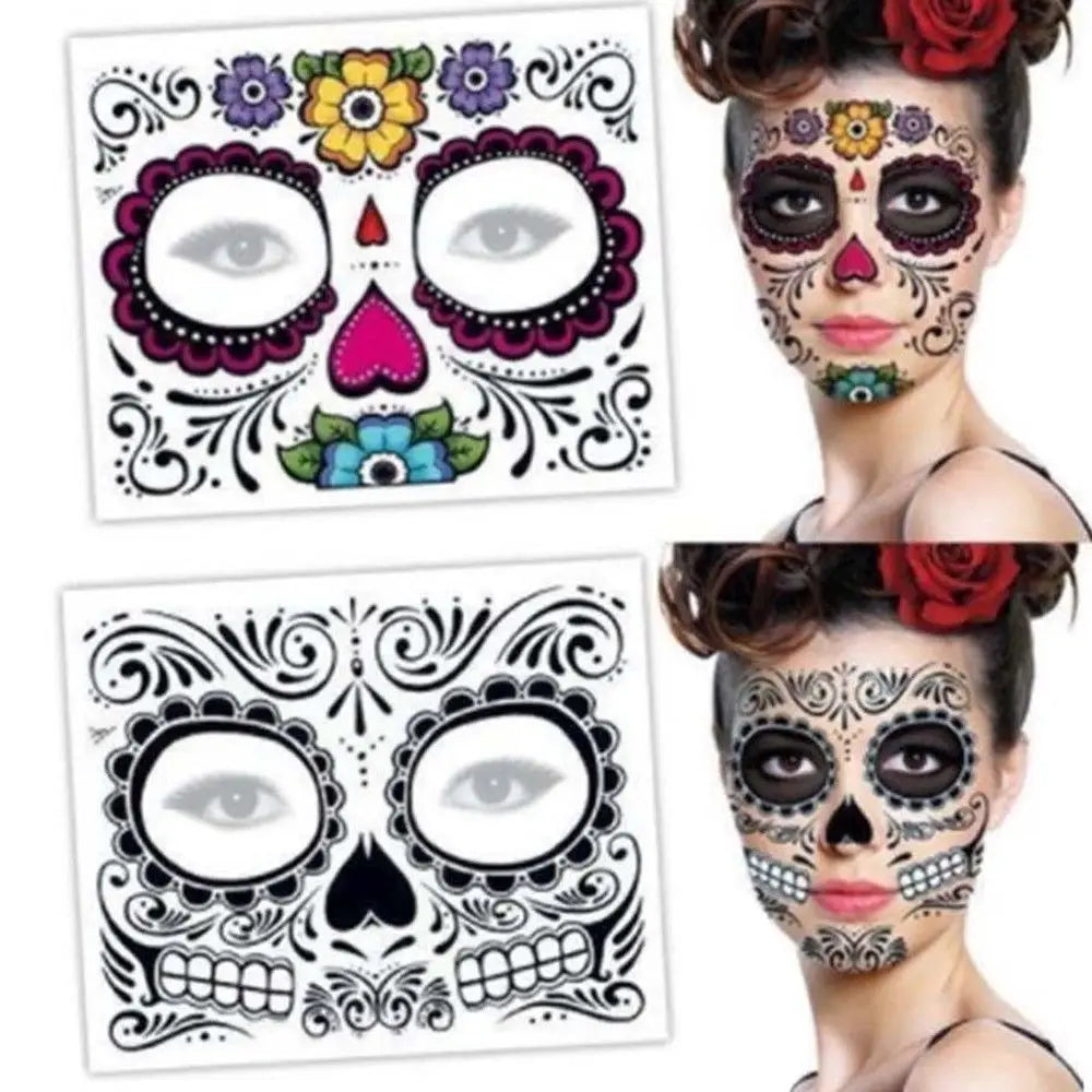 Pop Waterproof Skull Face Temporary Tattoo Stickers Day Of The Dead Facial Makeup Halloween Dress up-3