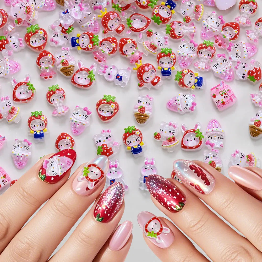 12Grid 3D Mixed Strawberry Hello Kitty Nail Charms Cartoon Red Pink Dress Kitty Cat Rhinestones Kawaii DIY Nail Art Decoration-3