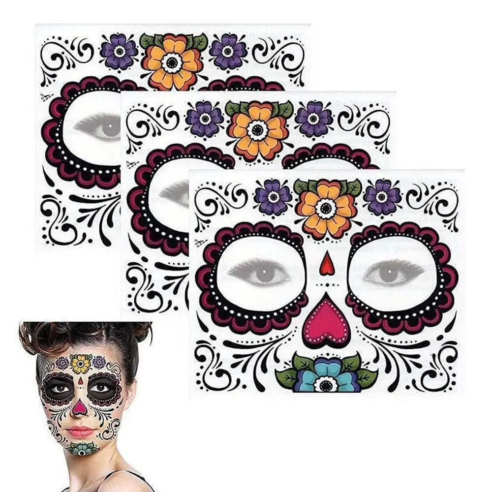Pop Waterproof Skull Face Temporary Tattoo Stickers Day Of The Dead Facial Makeup Halloween Dress up-0