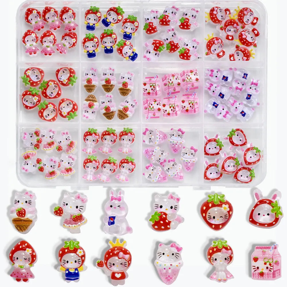 12Grid 3D Mixed Strawberry Hello Kitty Nail Charms Cartoon Red Pink Dress Kitty Cat Rhinestones Kawaii DIY Nail Art Decoration-30