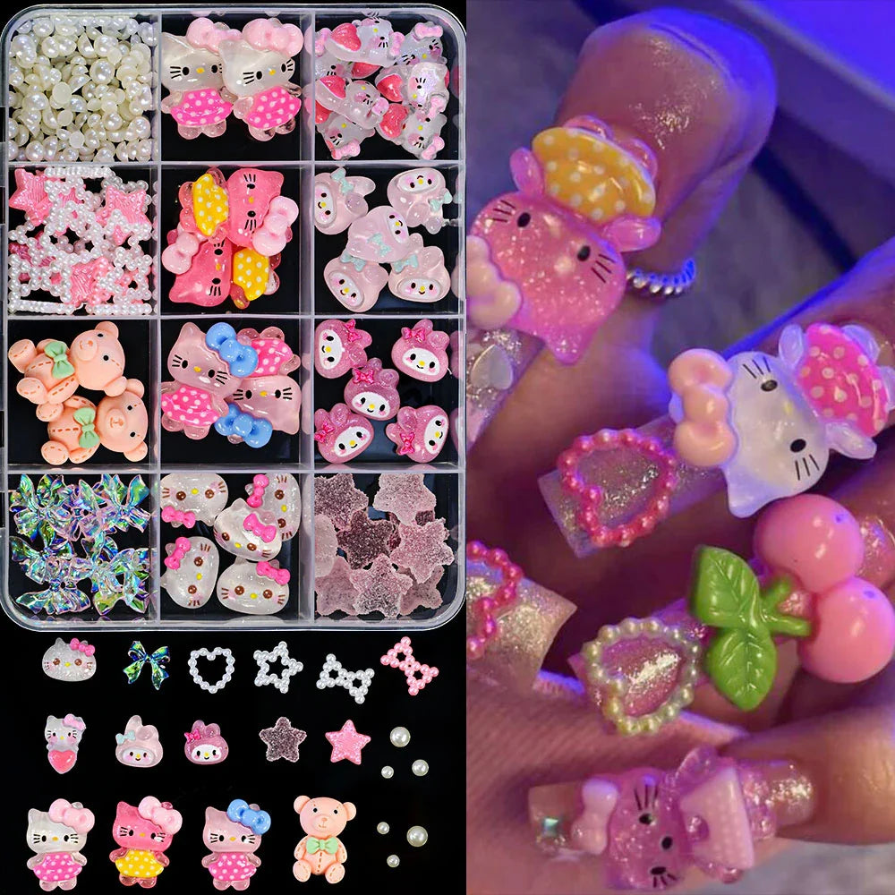 12Grid 3D Mixed Strawberry Hello Kitty Nail Charms Cartoon Red Pink Dress Kitty Cat Rhinestones Kawaii DIY Nail Art Decoration-34