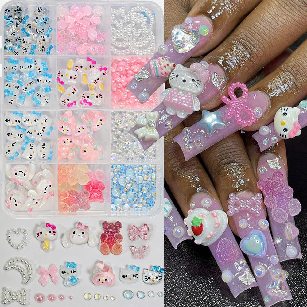 12Grid 3D Mixed Strawberry Hello Kitty Nail Charms Cartoon Red Pink Dress Kitty Cat Rhinestones Kawaii DIY Nail Art Decoration-17