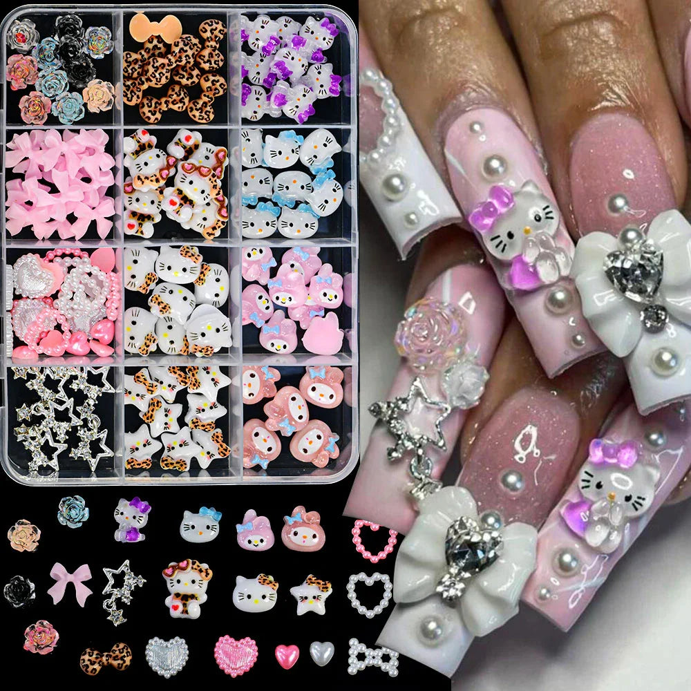 12Grid 3D Mixed Strawberry Hello Kitty Nail Charms Cartoon Red Pink Dress Kitty Cat Rhinestones Kawaii DIY Nail Art Decoration-32