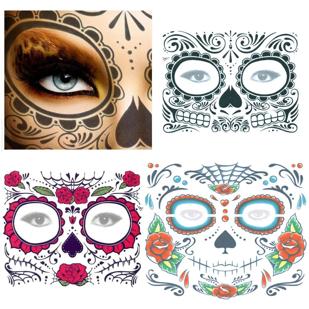 Pop Waterproof Skull Face Temporary Tattoo Stickers Day Of The Dead Facial Makeup Halloween Dress up-1
