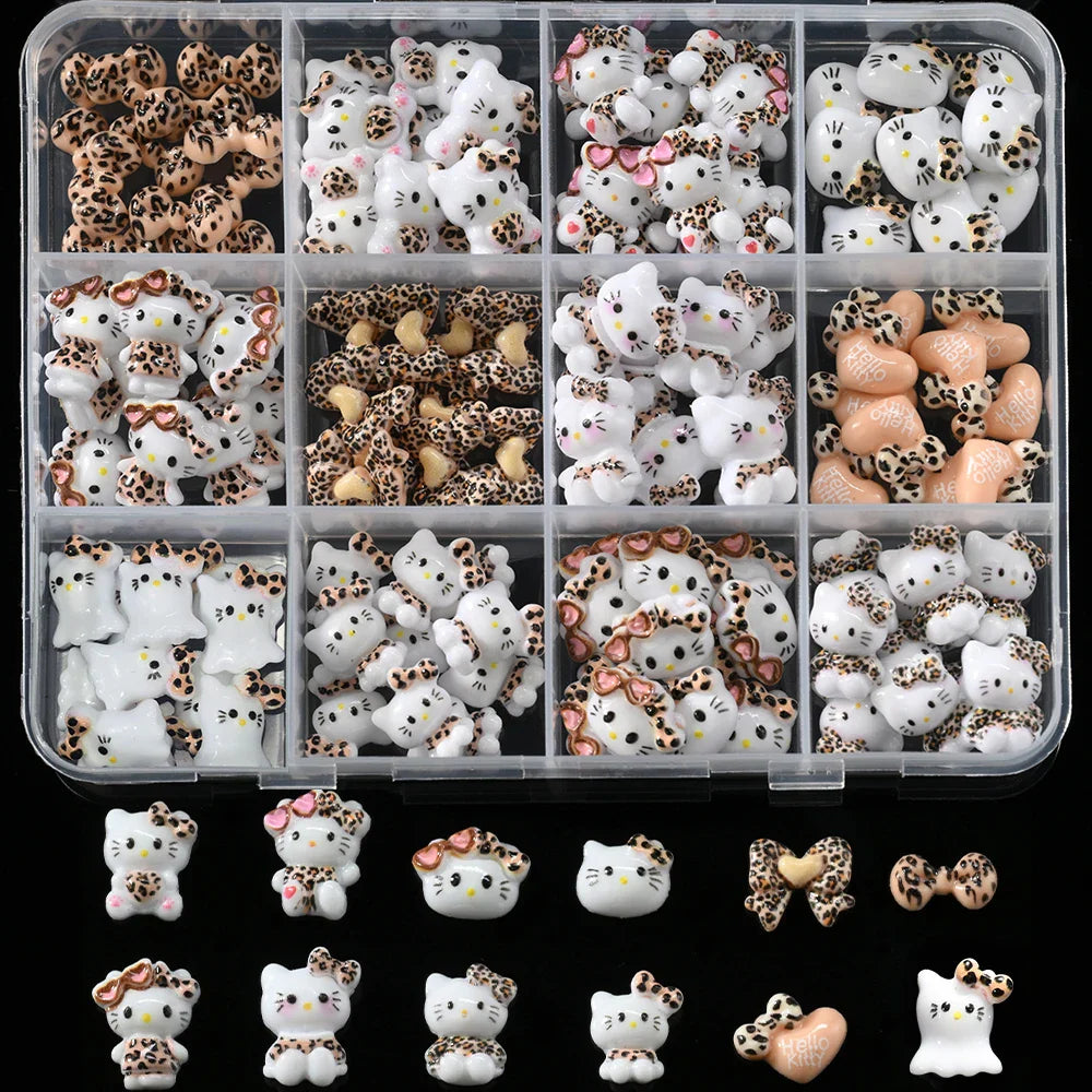 12Grid 3D Mixed Strawberry Hello Kitty Nail Charms Cartoon Red Pink Dress Kitty Cat Rhinestones Kawaii DIY Nail Art Decoration-9