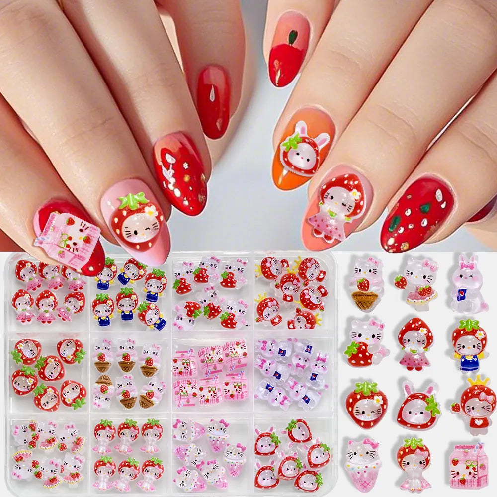 12Grid 3D Mixed Strawberry Hello Kitty Nail Charms Cartoon Red Pink Dress Kitty Cat Rhinestones Kawaii DIY Nail Art Decoration-0