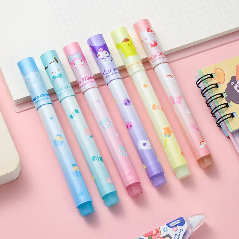 6Pcs Sanrio Hello Kitty Highlighter Pen Set Kawaii Kuromi Melody Cinnamoroll Art Fluorescent Markers Pens School Office Statione-1
