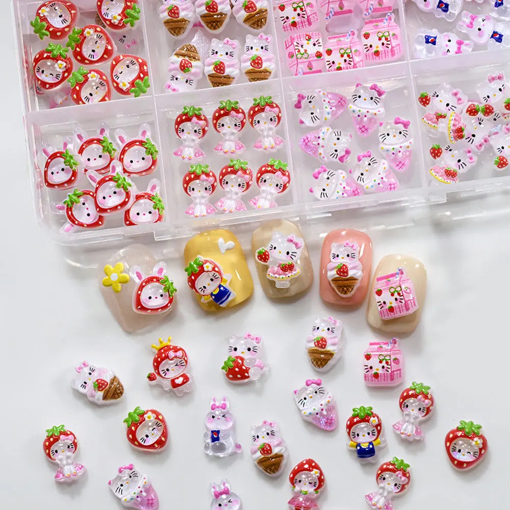 12Grid 3D Mixed Strawberry Hello Kitty Nail Charms Cartoon Red Pink Dress Kitty Cat Rhinestones Kawaii DIY Nail Art Decoration-2