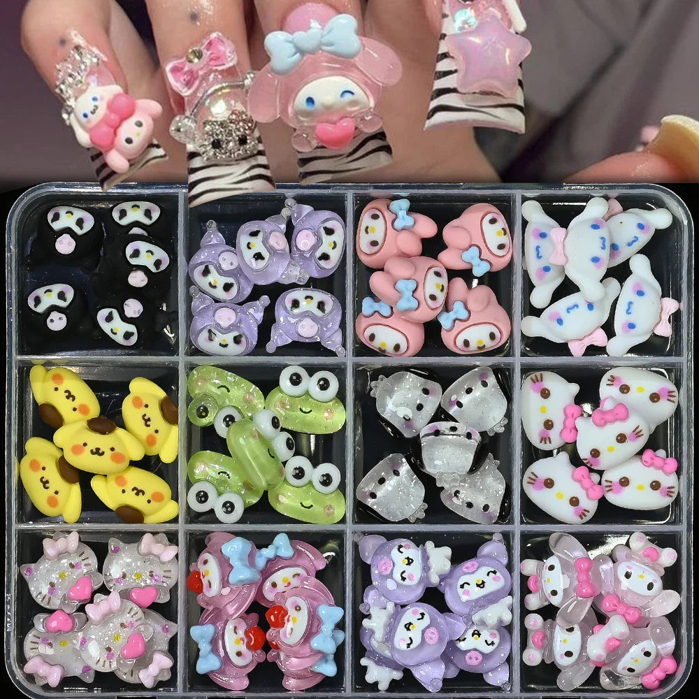 12Grid 3D Mixed Strawberry Hello Kitty Nail Charms Cartoon Red Pink Dress Kitty Cat Rhinestones Kawaii DIY Nail Art Decoration-24