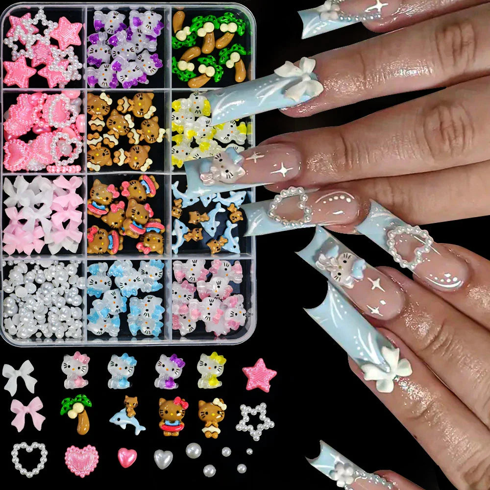 12Grid 3D Mixed Strawberry Hello Kitty Nail Charms Cartoon Red Pink Dress Kitty Cat Rhinestones Kawaii DIY Nail Art Decoration-15