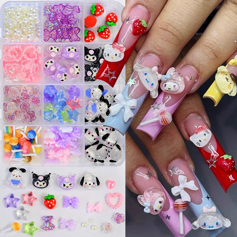 12Grid 3D Mixed Strawberry Hello Kitty Nail Charms Cartoon Red Pink Dress Kitty Cat Rhinestones Kawaii DIY Nail Art Decoration-18