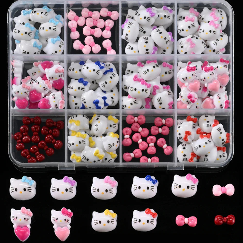 12Grid 3D Mixed Strawberry Hello Kitty Nail Charms Cartoon Red Pink Dress Kitty Cat Rhinestones Kawaii DIY Nail Art Decoration-27