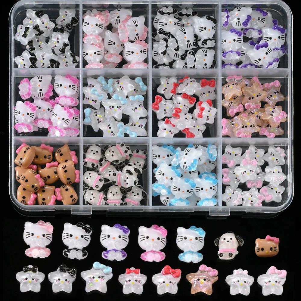 12Grid 3D Mixed Strawberry Hello Kitty Nail Charms Cartoon Red Pink Dress Kitty Cat Rhinestones Kawaii DIY Nail Art Decoration-29
