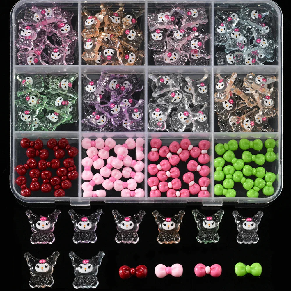 12Grid 3D Mixed Strawberry Hello Kitty Nail Charms Cartoon Red Pink Dress Kitty Cat Rhinestones Kawaii DIY Nail Art Decoration-6