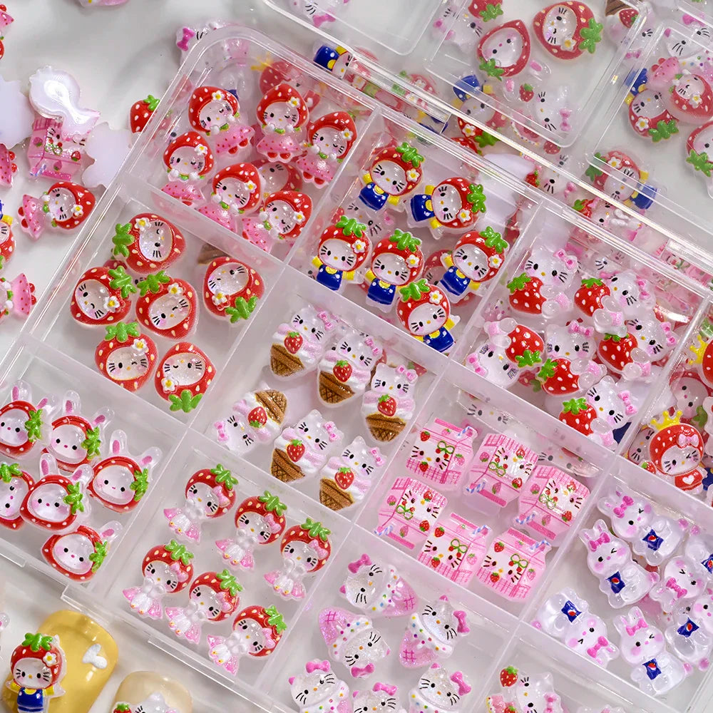 12Grid 3D Mixed Strawberry Hello Kitty Nail Charms Cartoon Red Pink Dress Kitty Cat Rhinestones Kawaii DIY Nail Art Decoration-1
