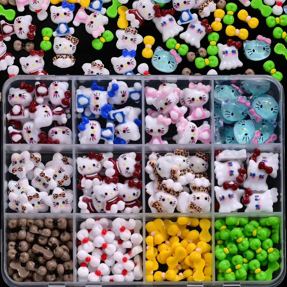 12Grid 3D Mixed Strawberry Hello Kitty Nail Charms Cartoon Red Pink Dress Kitty Cat Rhinestones Kawaii DIY Nail Art Decoration-11