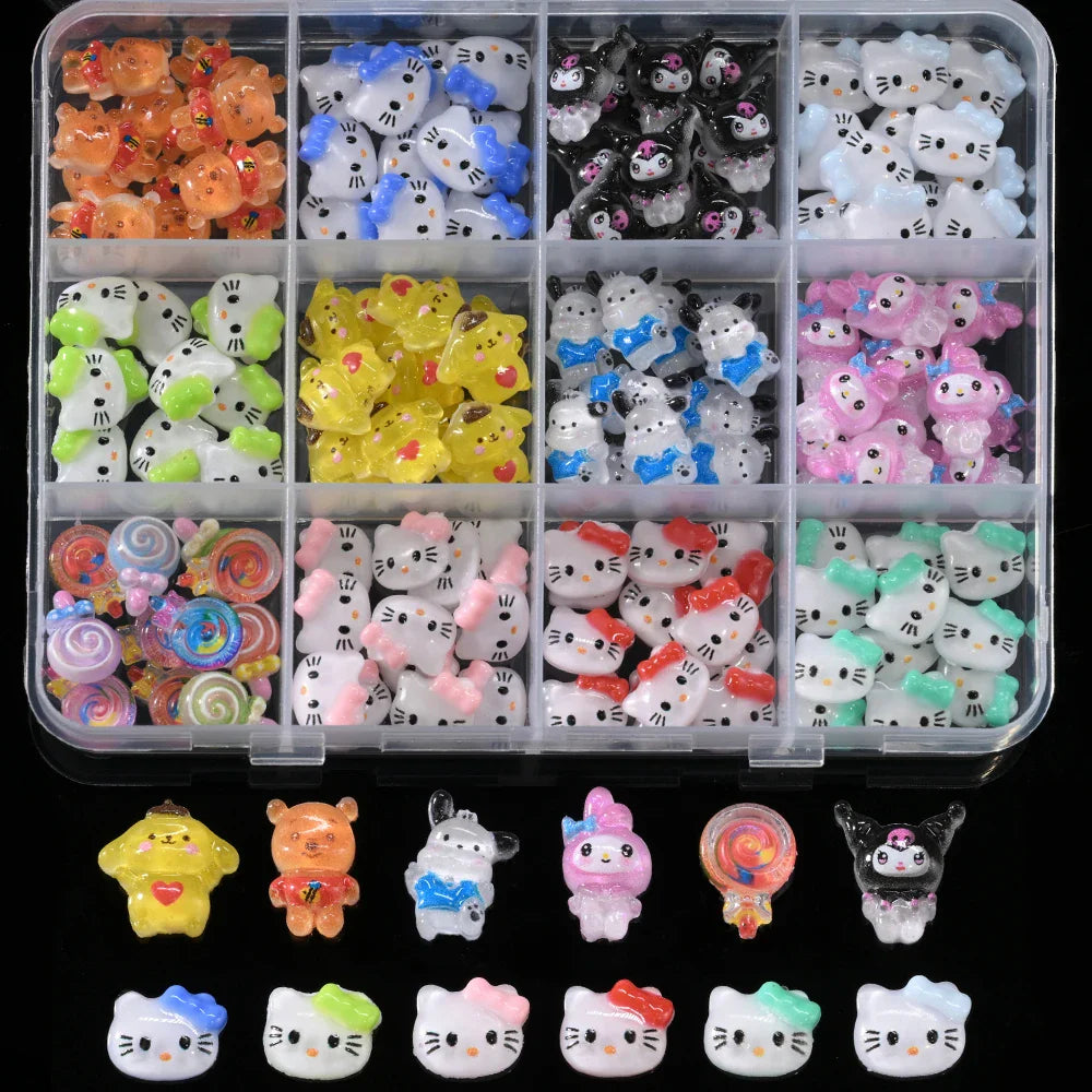 12Grid 3D Mixed Strawberry Hello Kitty Nail Charms Cartoon Red Pink Dress Kitty Cat Rhinestones Kawaii DIY Nail Art Decoration-28