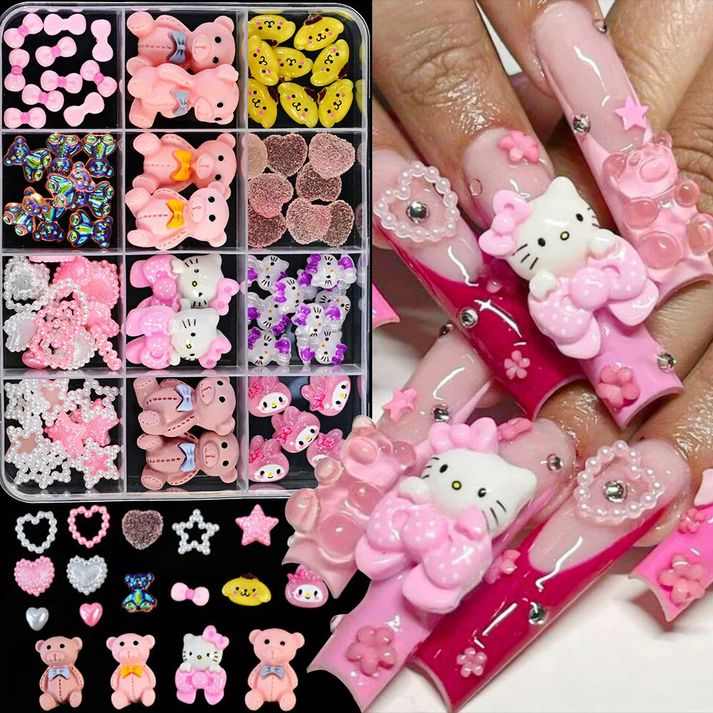 12Grid 3D Mixed Strawberry Hello Kitty Nail Charms Cartoon Red Pink Dress Kitty Cat Rhinestones Kawaii DIY Nail Art Decoration-31