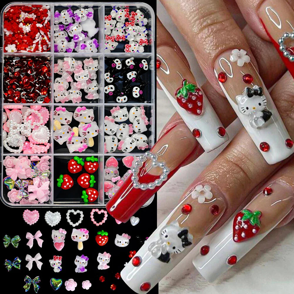 12Grid 3D Mixed Strawberry Hello Kitty Nail Charms Cartoon Red Pink Dress Kitty Cat Rhinestones Kawaii DIY Nail Art Decoration-14