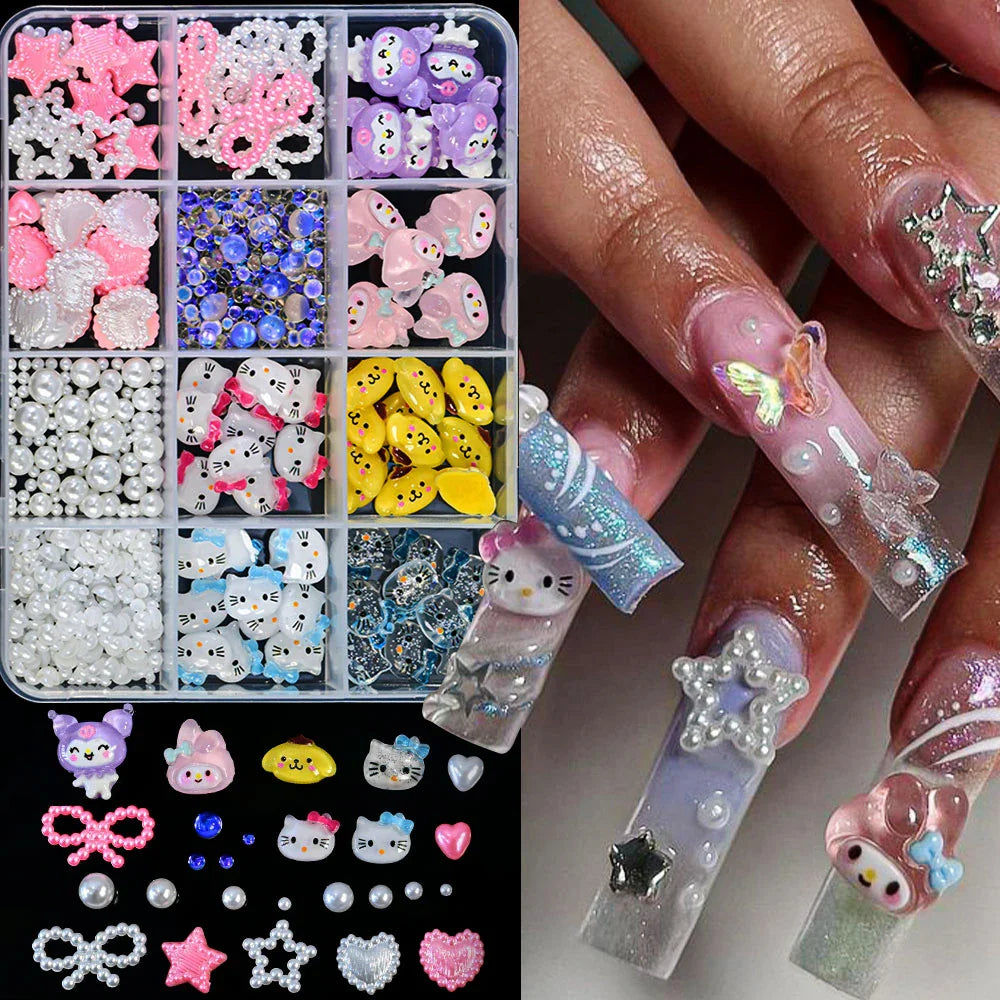 12Grid 3D Mixed Strawberry Hello Kitty Nail Charms Cartoon Red Pink Dress Kitty Cat Rhinestones Kawaii DIY Nail Art Decoration-35