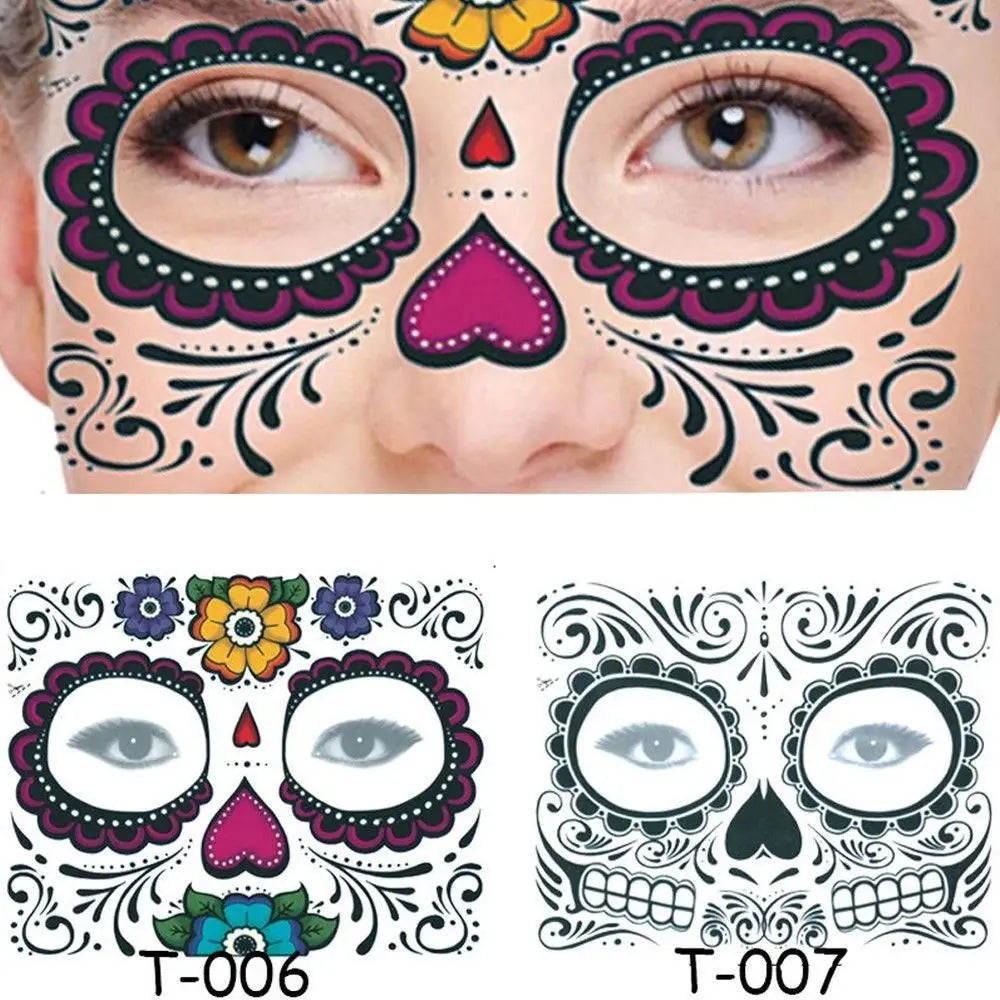 Pop Waterproof Skull Face Temporary Tattoo Stickers Day Of The Dead Facial Makeup Halloween Dress up-4