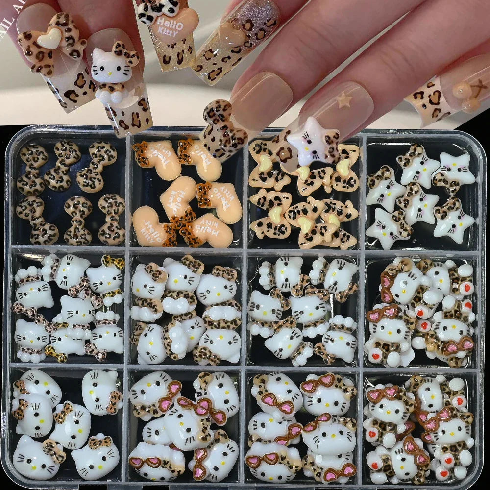 12Grid 3D Mixed Strawberry Hello Kitty Nail Charms Cartoon Red Pink Dress Kitty Cat Rhinestones Kawaii DIY Nail Art Decoration-19