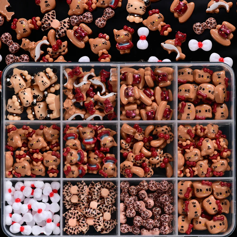 12Grid 3D Mixed Strawberry Hello Kitty Nail Charms Cartoon Red Pink Dress Kitty Cat Rhinestones Kawaii DIY Nail Art Decoration-10