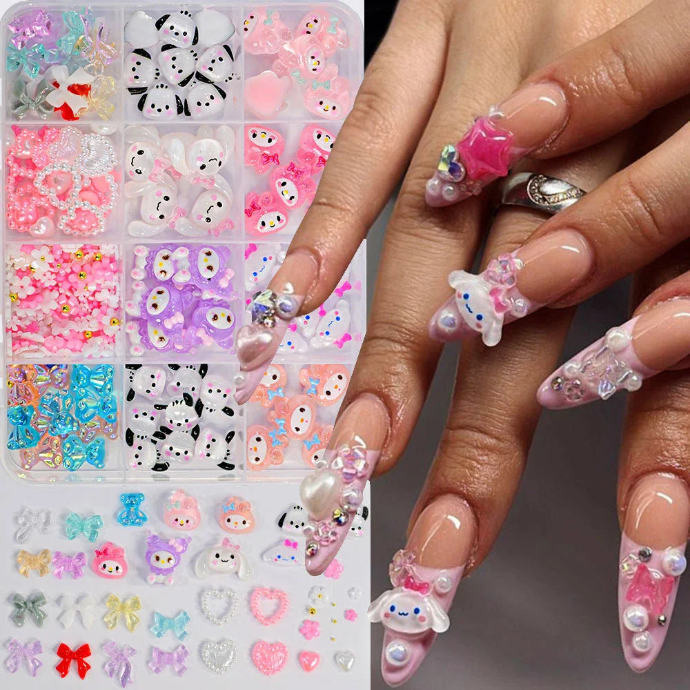 12Grid 3D Mixed Strawberry Hello Kitty Nail Charms Cartoon Red Pink Dress Kitty Cat Rhinestones Kawaii DIY Nail Art Decoration-16