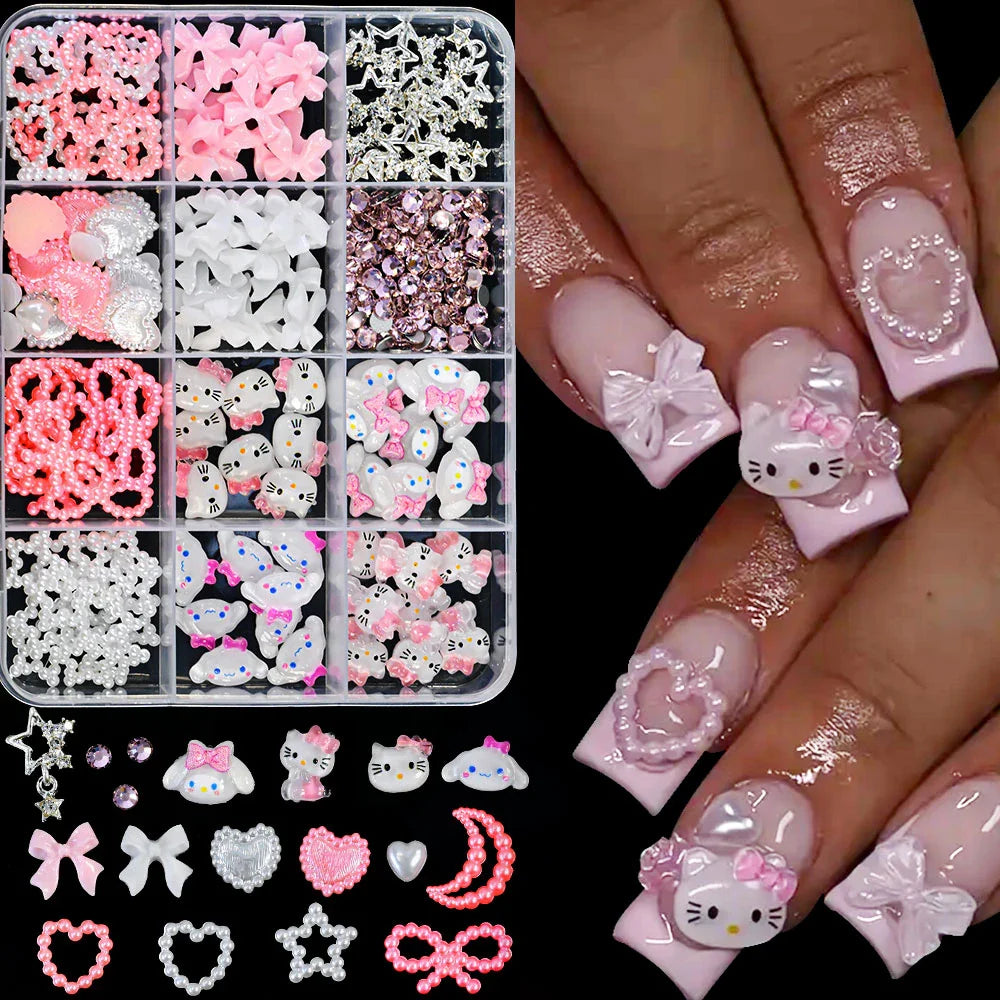 12Grid 3D Mixed Strawberry Hello Kitty Nail Charms Cartoon Red Pink Dress Kitty Cat Rhinestones Kawaii DIY Nail Art Decoration-33