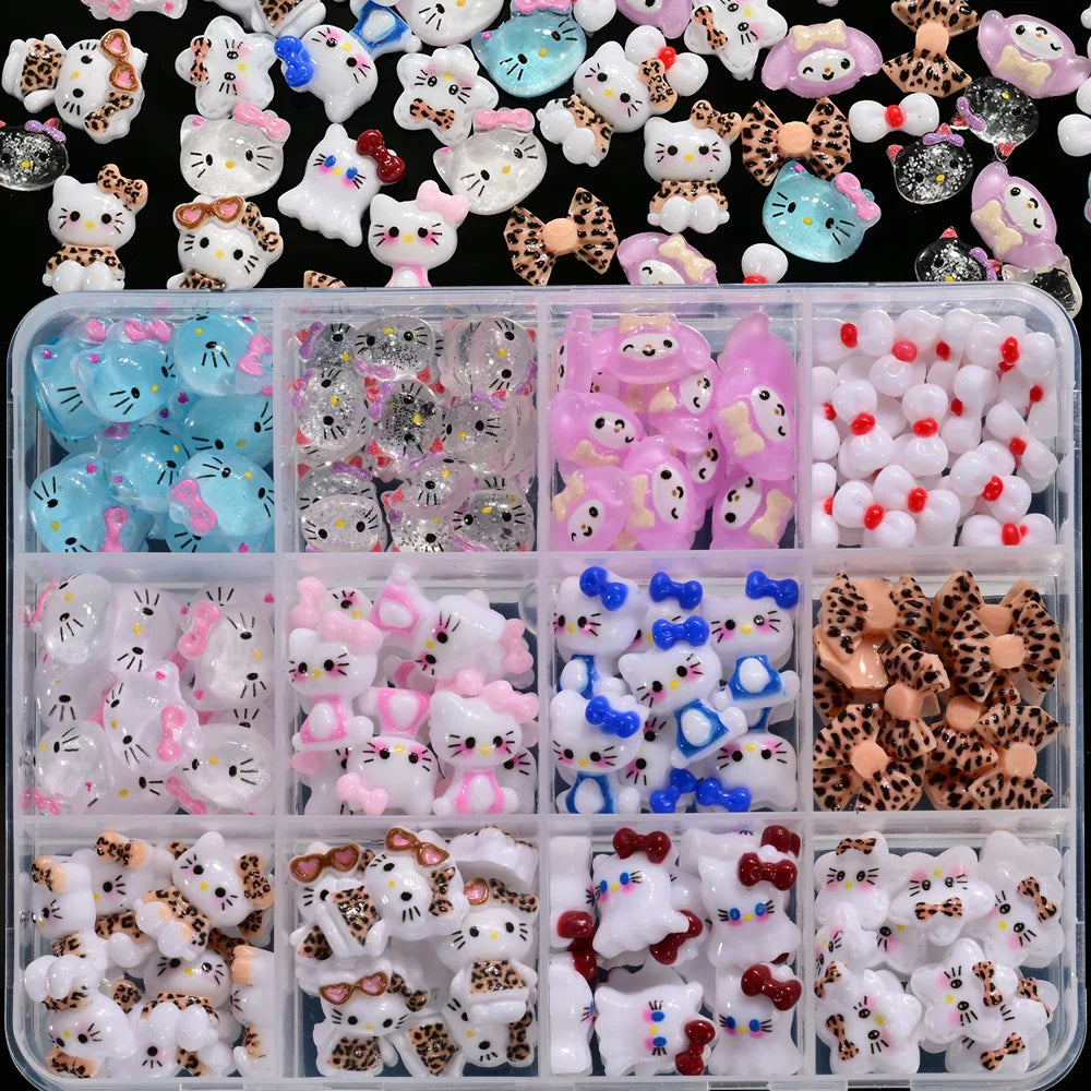12Grid 3D Mixed Strawberry Hello Kitty Nail Charms Cartoon Red Pink Dress Kitty Cat Rhinestones Kawaii DIY Nail Art Decoration-12