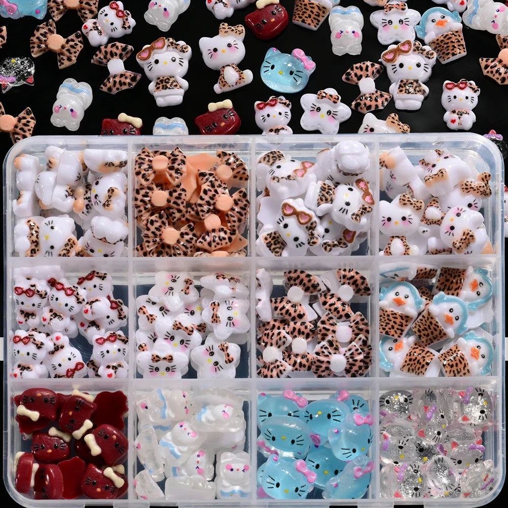 12Grid 3D Mixed Strawberry Hello Kitty Nail Charms Cartoon Red Pink Dress Kitty Cat Rhinestones Kawaii DIY Nail Art Decoration-13