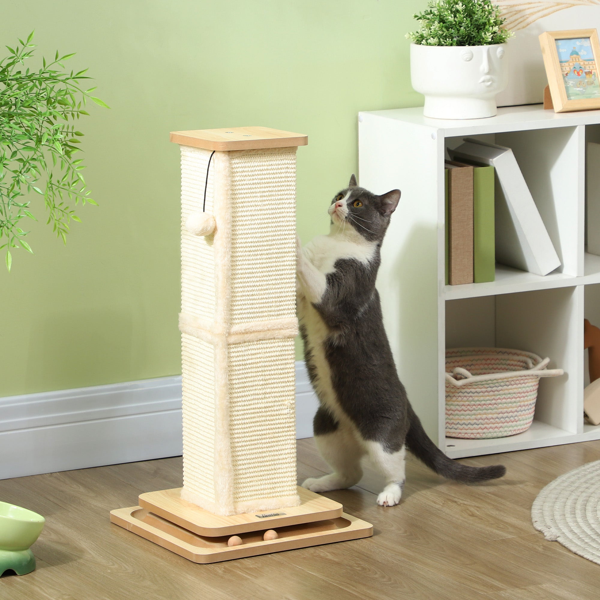 3-in-1 Cat Scratching Post, 67cm Cat Scratcher w/ Track Ball Toy, Oak Tone-1