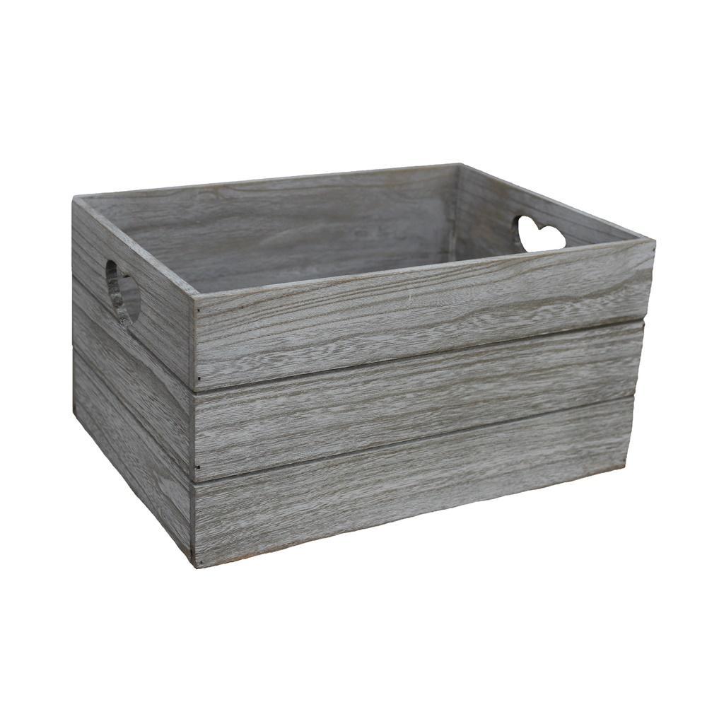 Vintage Effect Heart Cut Handle Wooden Storage Crate-1