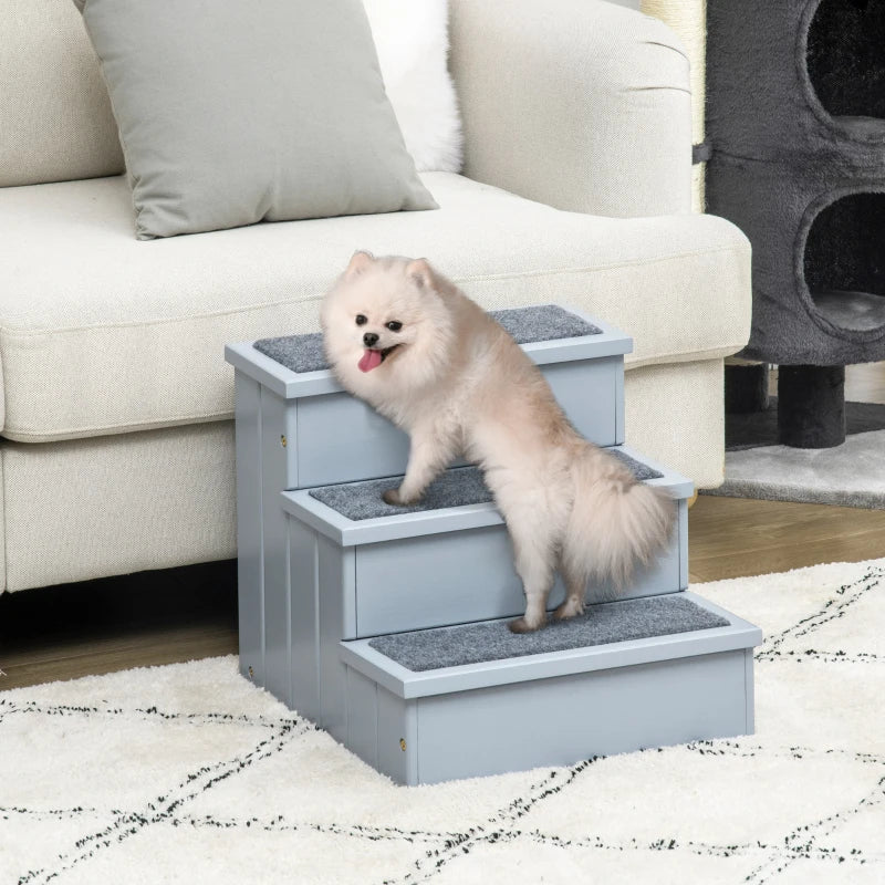 3 Step Wooden Pet Stairs Steps Dog Stairs Carpet Non Slip Grey-1