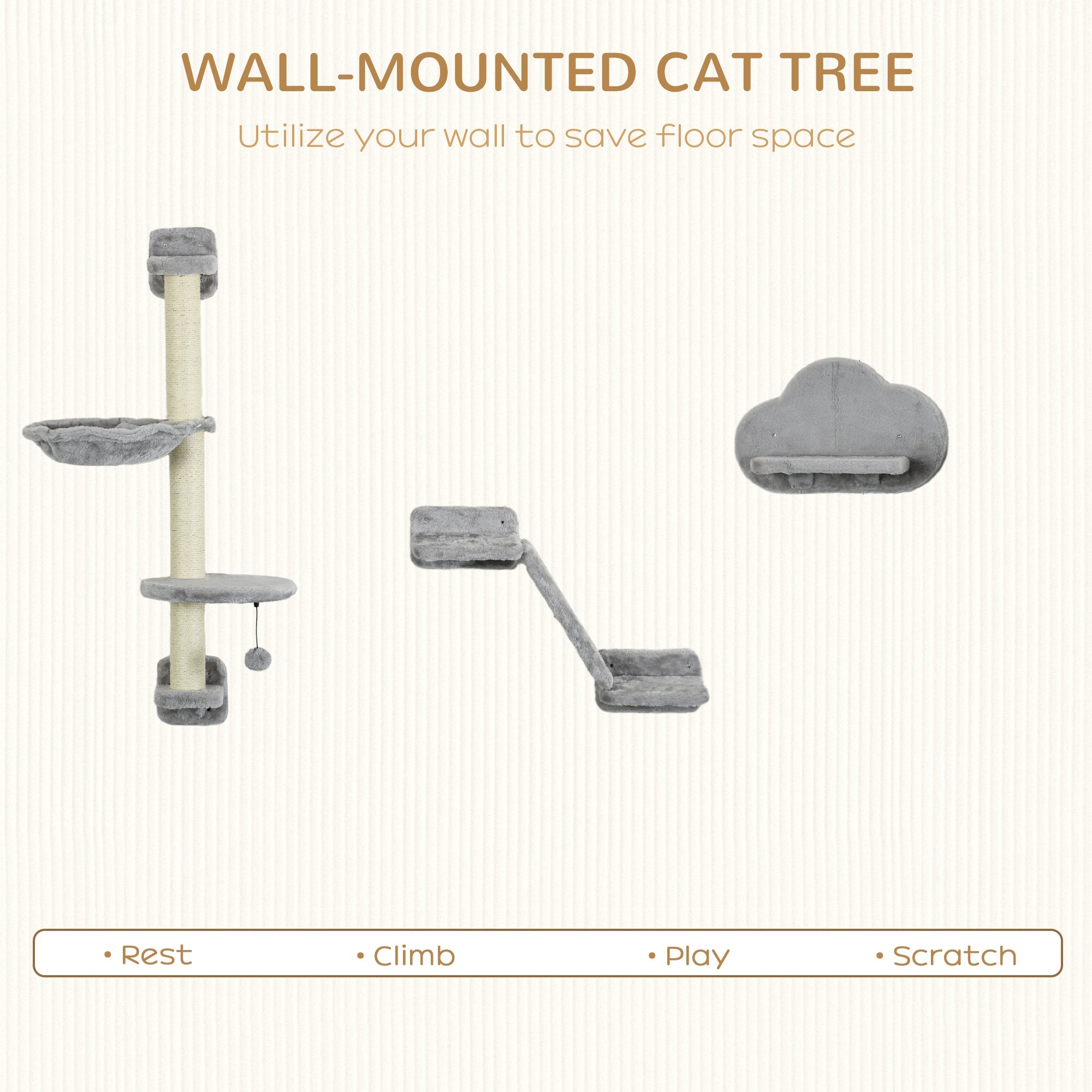 3 Pcs Wall Mounted Cat Shelves, w/ Hammock, Jumping Platform, Ladder, Scratching Post, Cat Wall Furniture w/ Play Ball for Large Cats, Grey-3